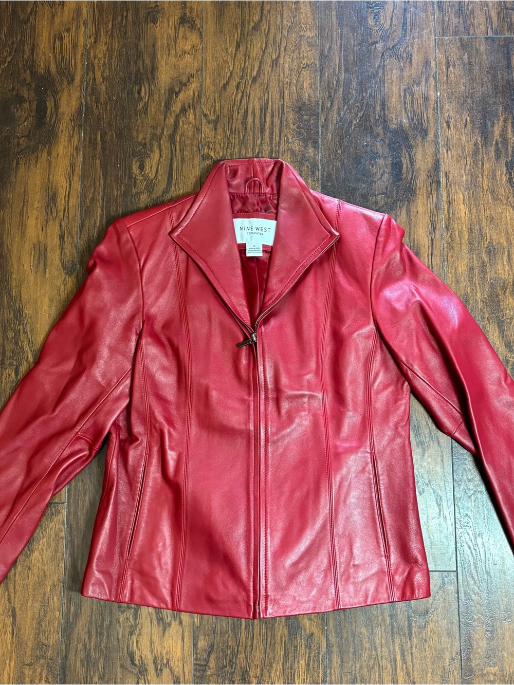 Nine West Women's Red Leather Zip Jacket Shell 100% Leather